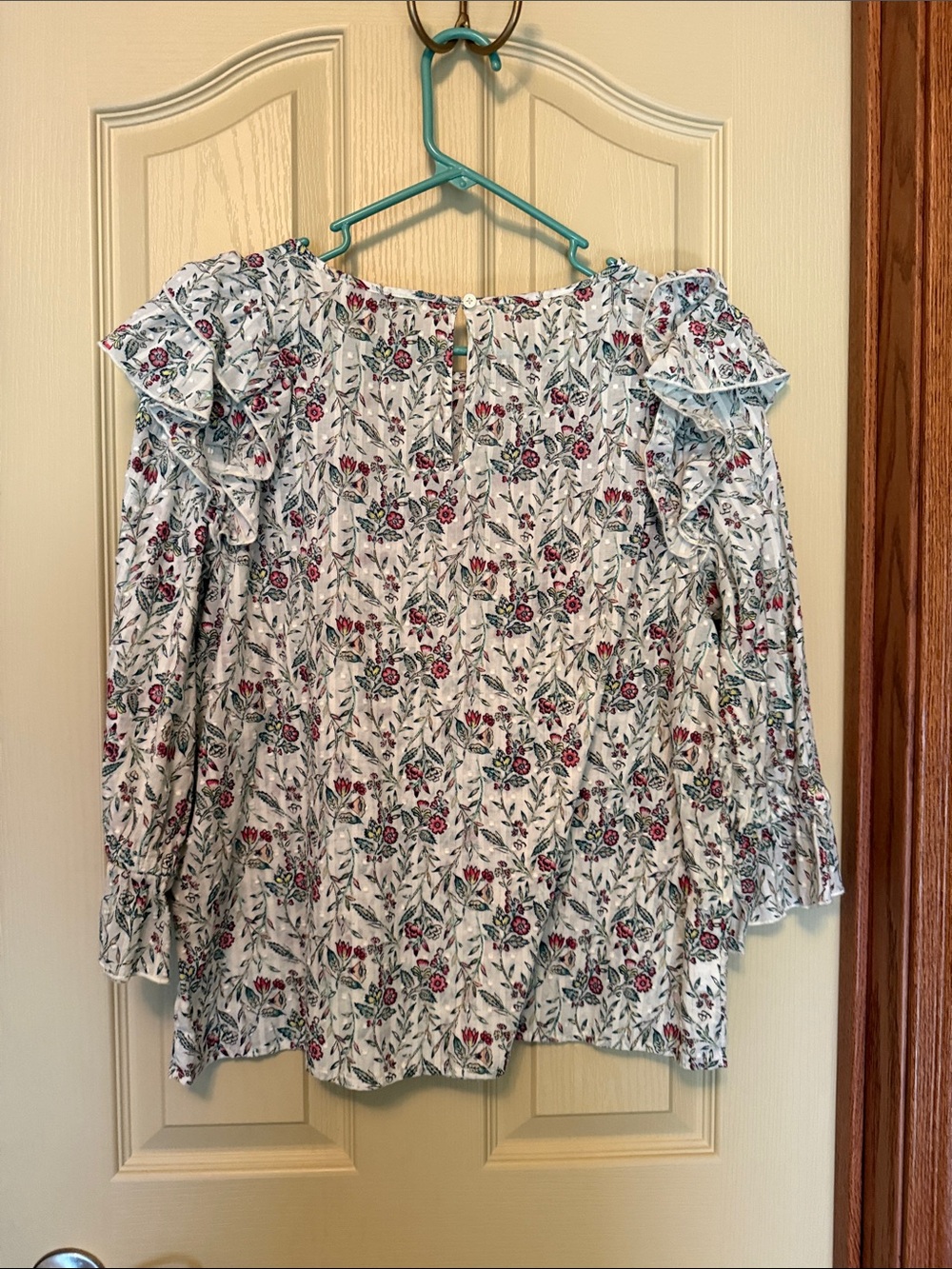LOFT White Floral Ruffle Blouse with Red & Green Print - Picture 3 of 3